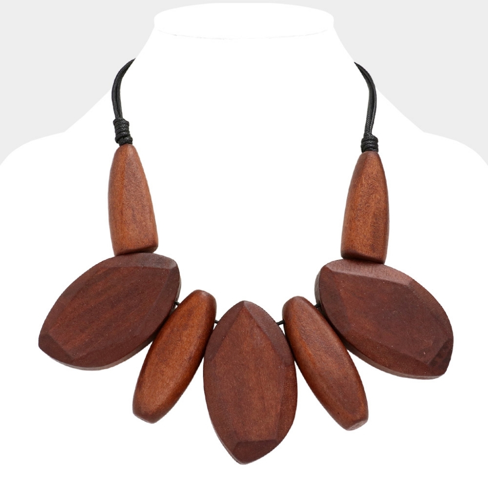 Brown Abstract Wooden Beaded Statement Necklace Chain Chunky Jewelry